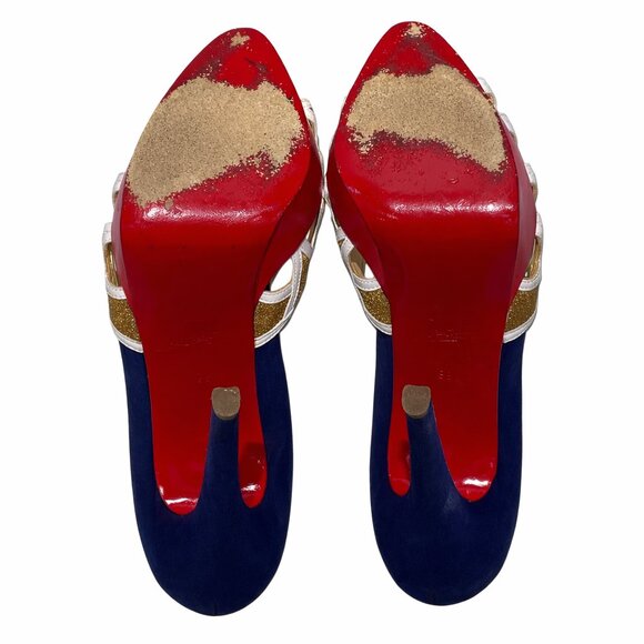 Christian Louboutin Navy Suede & Gold Glitter Platform Red Sole Heels, 39 / 8.5 - Picture 5 of 6